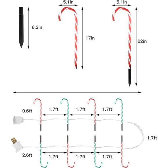 22" Christmas Candy Cane Pathway Markers Lights, 8 Pack, 4 Red & 4 Green - Picture 5 of 7